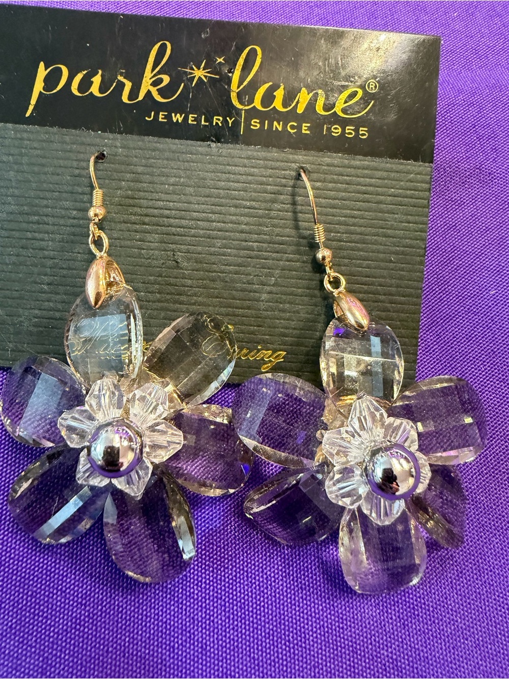Park Lane Retired Oversized Crystal Flower Dangle Earrings Purple Statement